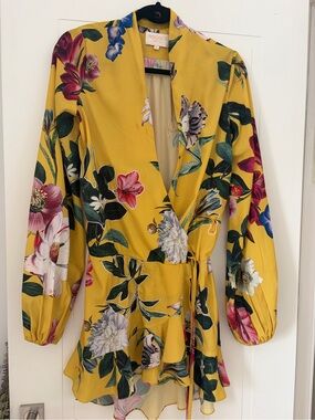 Rococo Sand Yellow Floral Wrap Dress with Long Sleeves